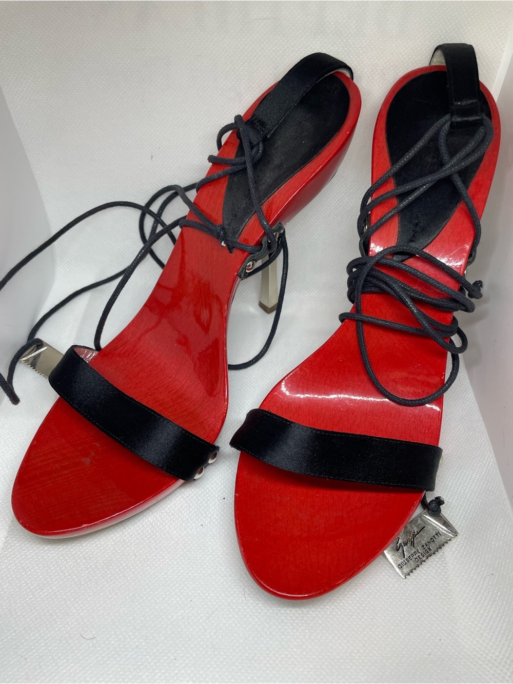 Giuseppe Zanotti Red/Black Lace-Up Y2K Sandals Silver Metallic Heel Sz36